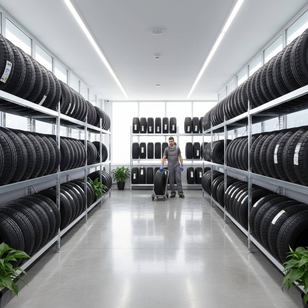 Neues Reifenlager in Reifenshop Bild von Gen-KI: Reifenlager in moderner Reifen-Shop mit ordentlich gestapelten neuen Autoreifen